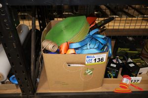 136 · BOX OF ASSORTED ROPE, TIE DOWN & RATCHET STRAPS, CLOTHES LINE, CORD