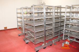 3 X Assorted Stainless Steel 5 And 6 Tier Mobile Drying Trolleys With Stainless Steel Mesh Shelves. Approx 1030 X 1020 X H1950mm