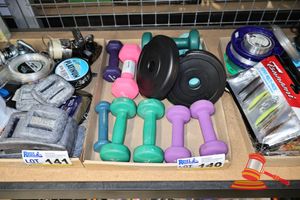 TRAY OF ASSORTED HAND WEIGHTS AND 2 x PLASTIC COATED 1KG DUMBELL WEIGHTS