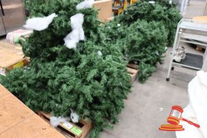 12 X ARTIFICIAL CHRISTMAS TREES, WITH WHITE FLOCKING, ON 4 X PALLETS, VARIOUS CONDITION, POSSIBLY INCOMPLETE