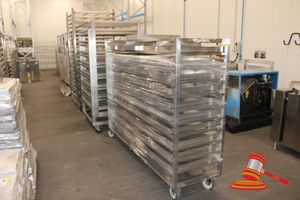 110 · HD STAINLESS STEEL RACK TROLLEY (APPROX 2070 X 600 X H1600MM) WITH APPROX 50 X STAINLESS STEEL TRAYS (APPROX 380 X 600 X 50MM)