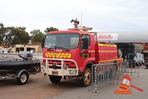4 · 2012 Isuzu FSS 550 Fire Truck Red, 4 x 4, Manual, Power Steering, Air Conditioning, Diesel Reg #: Unlicensed ODO: 14,586 kms Showing on Clock Eng #: 4HK1962115 VIN: JALFSS90JB7000114 Features: With Hatz 3 cyl Diesel Water Pump & Roof Mounted Water Cannon, Bullbar, Spotlights, Winch, Antenna, Front Hose Connection, Spots Worklights, Tool Storage Containers, Wheel Chocks, Hose & Reel, Rear Water Connection Points, Water Tank, Spare Wheel, Hydraulic Jack, GME Speaker, GME Radio, Seat Covers (Asset 