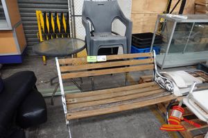 42 · ASSORTED OUTDOOR FURNITURE, INCLUDES; WOODEN BENCH, APPROX; 1.1M W X 340MM D X 680MM H, 1 X ROUND GLASS TABLE, APPROX; 570MM D X 700MM H, ASSORTED CHAIRS, SOME MARKS/GENERAL WEAR AND TEAR