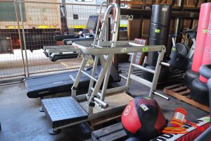1 X Synergy Standing Calf Raise/ Squat Machine, Grey, (Some Marks), Approx; 800mm W X 1.9m L X 1.7m H, On A Pallet