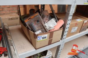 184 · BUNDLE OF ASSORTED ITEMS INCLUDING: POWER BOARDS, PAINT ROLLER SHEET METAL CUTTER ETC
