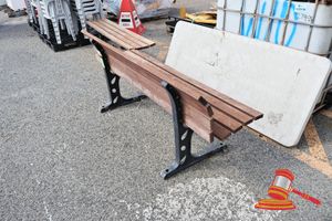 97 · 1 X TIMBER PARK BENCH, 4 SLAT SEAT AND BACK, BLACK METAL FRAME, 1 X 4 SLAT PARK BENCH (NO BACK) APPROX 2.1 M SOME WEATHERING / WEAR)