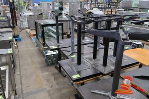 6 X Various Rectangular Restaurant/Cafe Tables With Black Tops, Table Bases (Various Styles, Some Marks, Used Condition)