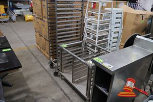 28 · 1 X STAINLESS STEEL BAKERS RACK, MOBILE, APPROX 1.8M HEIGHT, 1 X STAINLESS STEEL BASE WITH SHELVING RUNS (SOME MARKS, USED CONDITION)