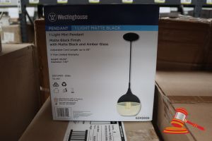 228 · WESTINGHOUSE MINI PENDANT LIGHT, MATTE BLACK FINISH WITH MATTE BLACK AMBER GLASS, ADJUSTABLE CORD LENGTH UP TO 50", HEIGHT: 65.55", DIAMETER: 7.87", CODE: 6345935