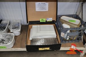 Approx 8 X White Rectangular Serving Trays, Approx 25 X Olympia Kiln Plates With Brown Edges (Length 300mm), 2 X Perforated Stainless Steel Trays. (In A Box And Crate)
