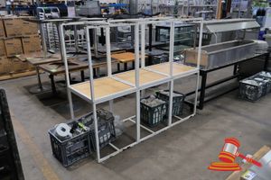 57 · 6 X METAL FRAMED TABLES WITH A WOODEN TOP, SOME MARKS, APPROX; 600MM W X 600MM D X 700MM H