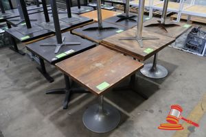 44 · 14 X CAFE / RESTAURANT TABLES, MIXED STYLE, WOODEN TOP, BLACK LAMINATE TOP, METAL BASE, APPROX 700MM SQUARE (2 X CIRCLE TABLES)(WORN SURFACE, MARKS AND STAINS)