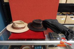 143 · 1 X JACARU AUSTRALIA HAT, BROWN FELT, LEATHER HATBAND SIZE L, 1 X AKUBRA HAT TAN FELT SIZE 59, 1 X POLO BY RALPH LAUREN GREY KNIT CARDIGAN WITH ZIP