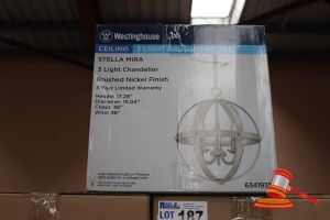 195 · WESTINGHOUSE STELLA MIRA CEILING 3 LIGHT CHANDELIER, BRUSHED NICKLE FINISH, HEIGHT: 17,28", DIAMETER: 15.04", CHAIN: 36", WIRE: 36", CODE: 6341935