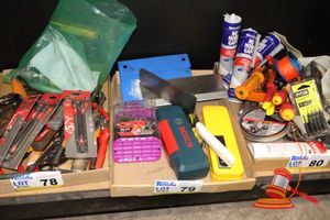 79 · TRAY OF ASSORTED TOOLS INCLUDING KINCROME HEX KEY SET, FULL BOAR COLBALT DRILL BIT SET, STANLEY SOCKET SET, BOSCH CORDLESS ELECTRIC SCREWDRIVER SET, KANGO STAINLESS TAPING KNIFE